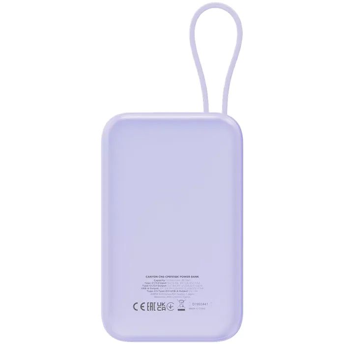 Батарея универсальная Canyon 10000mAh OnPower 101 PD/22.5W built-in cable Purple (CNS-CPB101PU) изображение 4