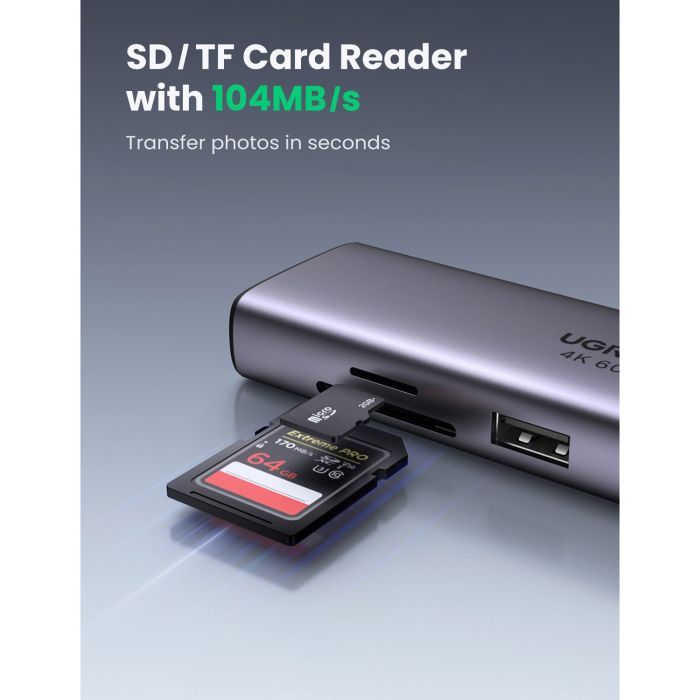 Концентратор Ugreen USB3.1 Type-C to HDMI/USB 3.0x2/RJ45/SD/TF/PD 100W CM512 (60515) зображення 12