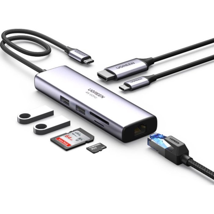 Концентратор Ugreen USB3.1 Type-C to HDMI/USB 3.0x2/RJ45/SD/TF/PD 100W CM512 (60515) зображення 3