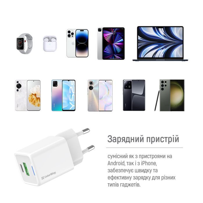 Зарядний пристрій ColorWay GaN Mini 30W PD Port PPS USB (Type-C PD + USB QC4.0) cable Type-C (CW-CHS053PDC-WT) зображення 12
