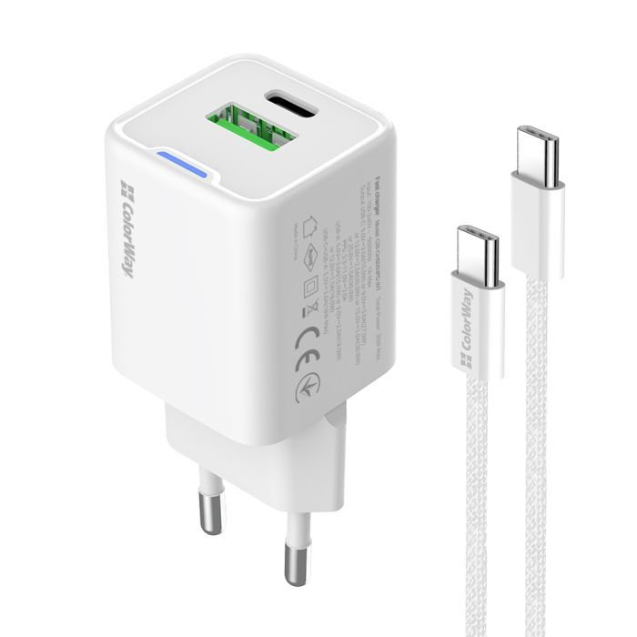 Зарядний пристрій ColorWay GaN Mini 30W PD Port PPS USB (Type-C PD + USB QC4.0) cable Type-C (CW-CHS053PDC-WT) зображення 2