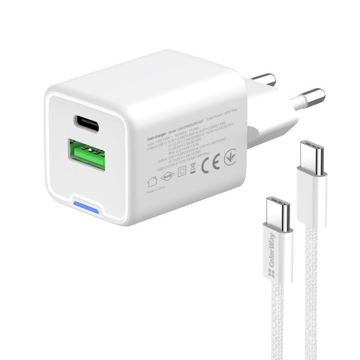 Зарядний пристрій ColorWay GaN Mini 30W PD Port PPS USB (Type-C PD + USB QC4.0) cable Type-C (CW-CHS053PDC-WT) зображення 5