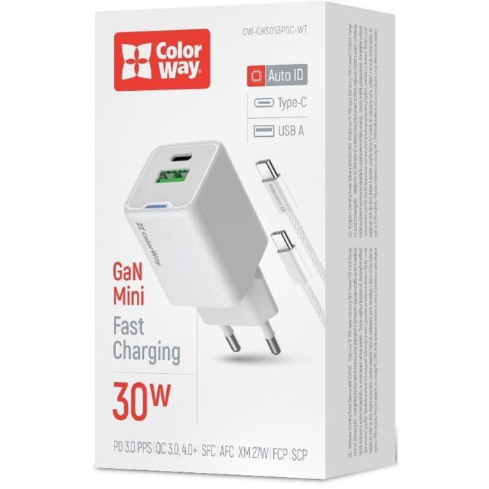 Зарядний пристрій ColorWay GaN Mini 30W PD Port PPS USB (Type-C PD + USB QC4.0) cable Type-C (CW-CHS053PDC-WT) зображення 6
