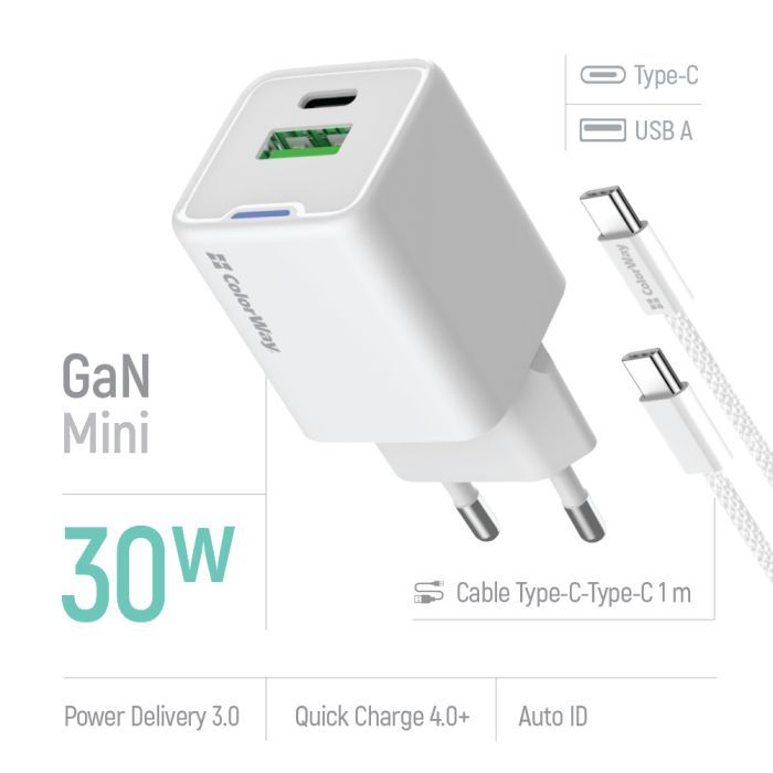 Зарядний пристрій ColorWay GaN Mini 30W PD Port PPS USB (Type-C PD + USB QC4.0) cable Type-C (CW-CHS053PDC-WT) зображення 7