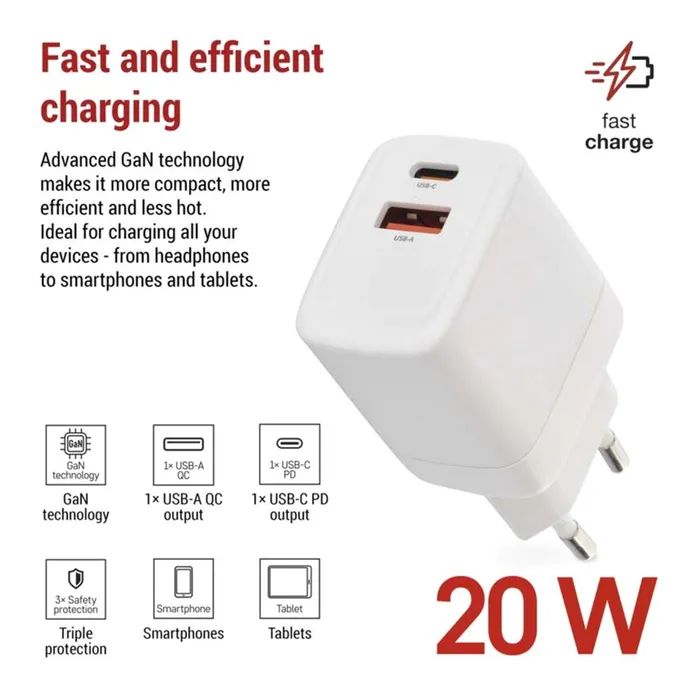 Зарядний пристрій EMOS V02G20 1xUSB-A + 1xUSB-C PD20W GaN (V02G20) зображення 3