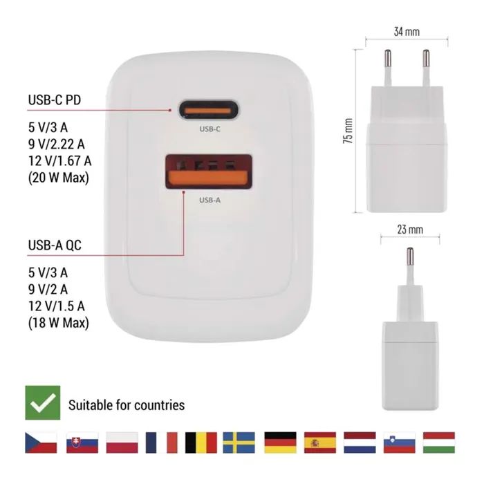 Зарядний пристрій EMOS V02G20 1xUSB-A + 1xUSB-C PD20W GaN (V02G20) зображення 5