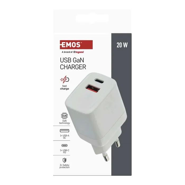 Зарядний пристрій EMOS V02G20 1xUSB-A + 1xUSB-C PD20W GaN (V02G20) зображення 6