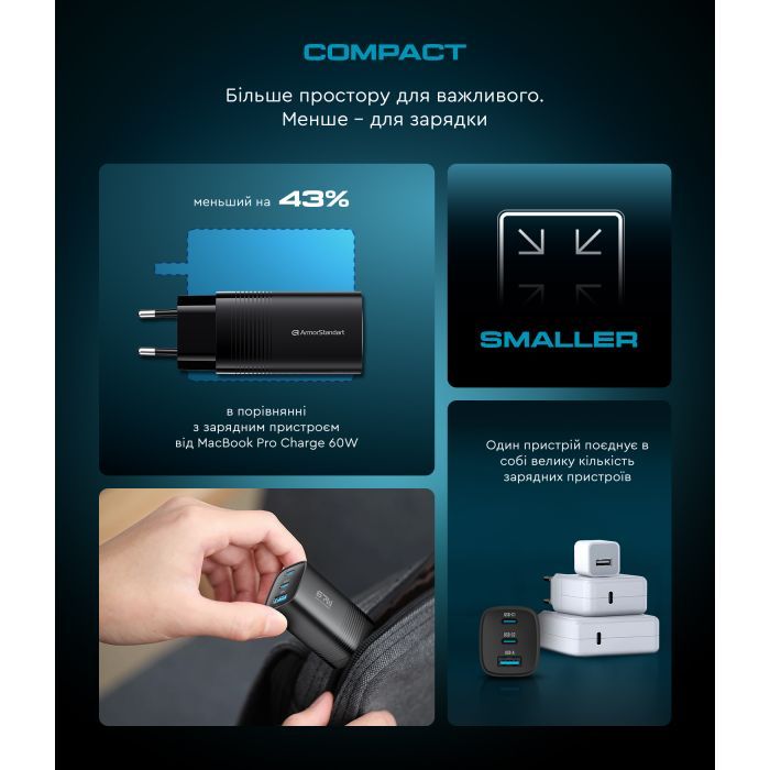 Зарядное устройство Armorstandart 2xUSB-C + 1xUSB 67W GaN black (ARM88384) изображение 10