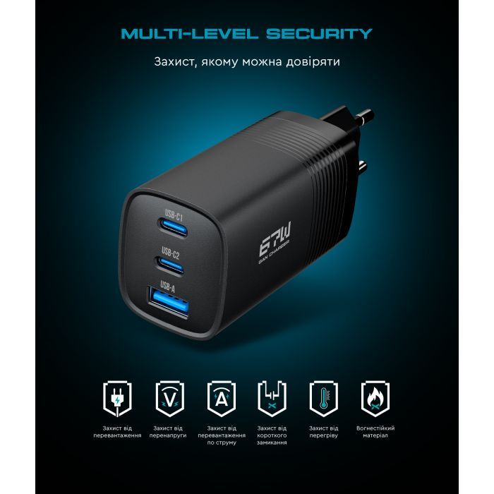 Зарядное устройство Armorstandart 2xUSB-C + 1xUSB 67W GaN black (ARM88384) изображение 8
