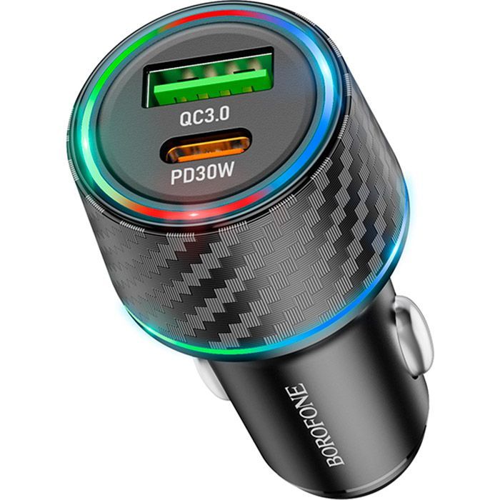 Зарядний пристрій BOROFONE 1xUSB-C PD30W + 1xUSB QC3.0 48W car adapter black (6941991101175)