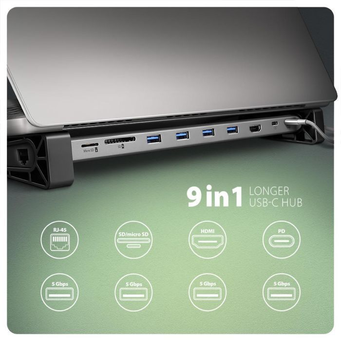 Концентратор AXAGON USB-C 9-in-1 4xUSB 3.2 + 2xUSB-C + HDMI + SD/TF + RJ45 1000Mbps + PD 100W black/gray (HMC-10HLS) изображение 2