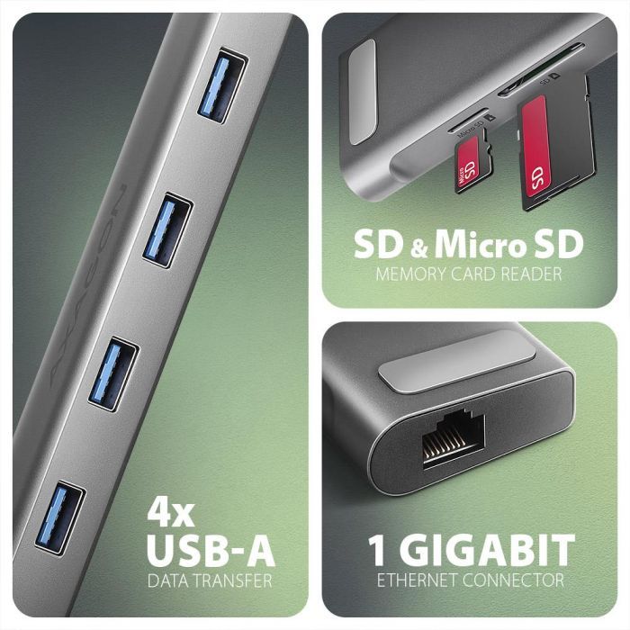 Концентратор AXAGON USB-C 9-in-1 4xUSB 3.2 + 2xUSB-C + HDMI + SD/TF + RJ45 1000Mbps + PD 100W black/gray (HMC-10HLS) изображение 3