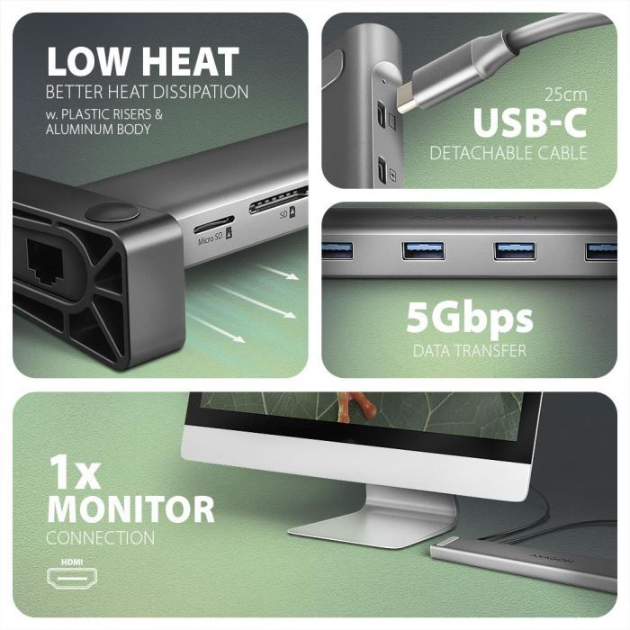 Концентратор AXAGON USB-C 9-in-1 4xUSB 3.2 + 2xUSB-C + HDMI + SD/TF + RJ45 1000Mbps + PD 100W black/gray (HMC-10HLS) изображение 4