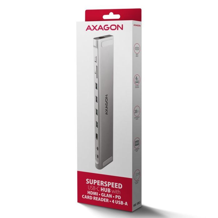 Концентратор AXAGON USB-C 9-in-1 4xUSB 3.2 + 2xUSB-C + HDMI + SD/TF + RJ45 1000Mbps + PD 100W black/gray (HMC-10HLS) изображение 9