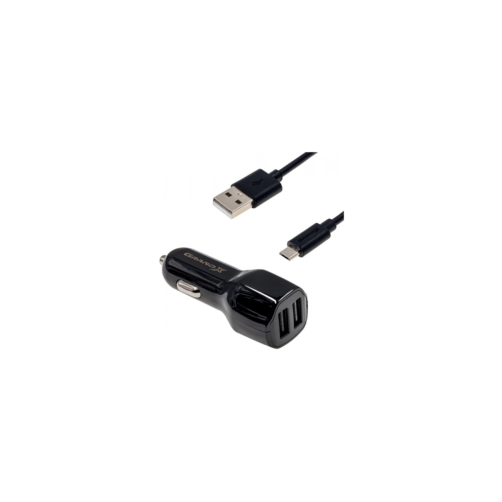 Зарядное устройство Grand-X 2,1A, 12-24V, Black 2USB 5V/2.1A + DC cable USB/Micro USB,1m (CH-26BM)