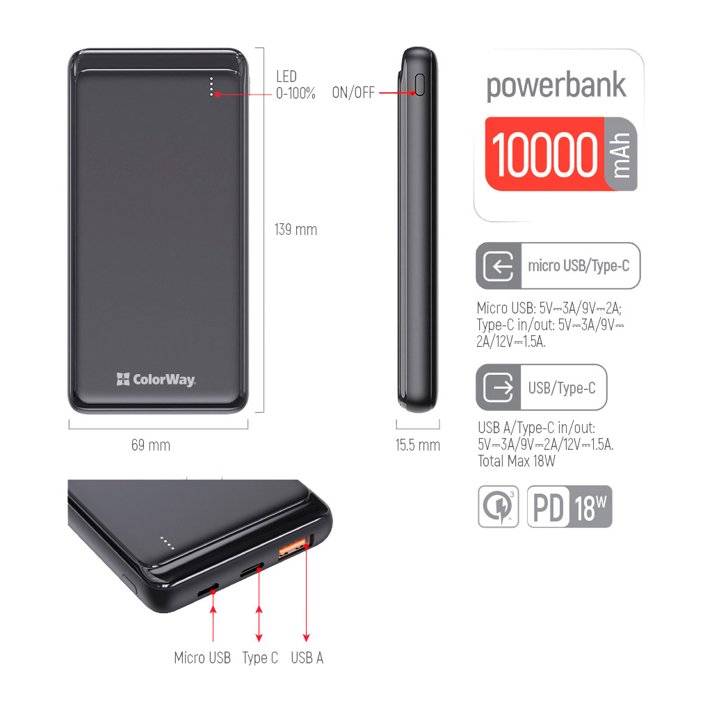 Батарея универсальная ColorWay 10 000 mAh Slim (USB QC3.0 + USB-C Power Delivery 18W) Black (CW-PB100LPG3BK-PD) изображение 4