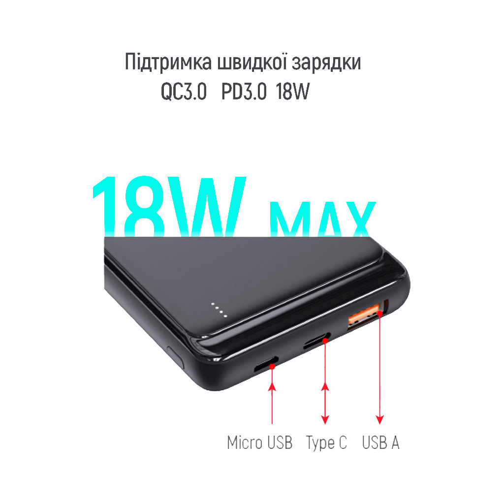 Батарея універсальна ColorWay 10 000 mAh Slim (USB QC3.0 + USB-C Power Delivery 18W) Black (CW-PB100LPG3BK-PD) зображення 5