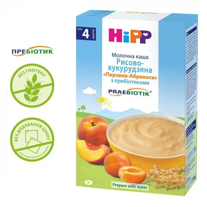Детская каша HiPP молочная Рисово-кукурузная Персики-Абрикосы с пребиотиками 2 (9062300140092)