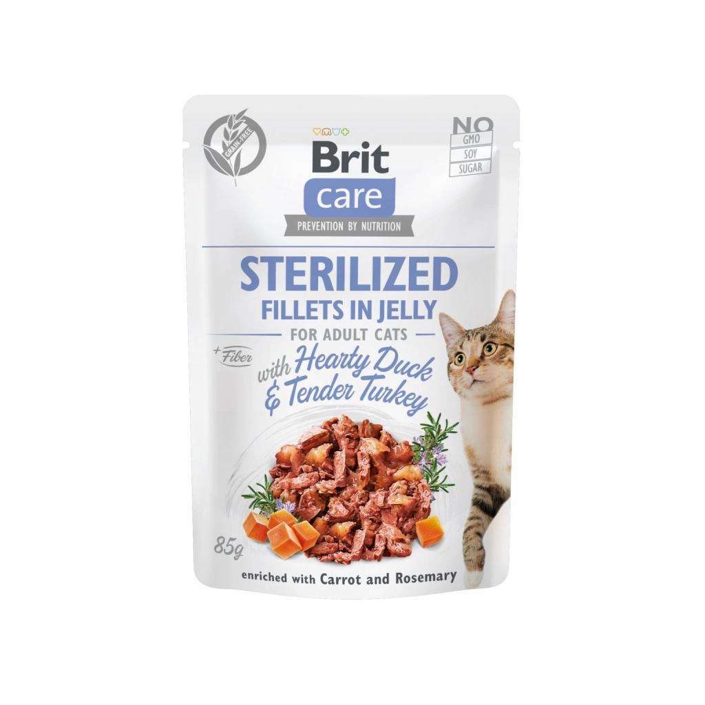 Вологий корм для кішок Brit Care Cat pouch для стерилізованих 85 г (качка та індичка в желе) (8595602540549)