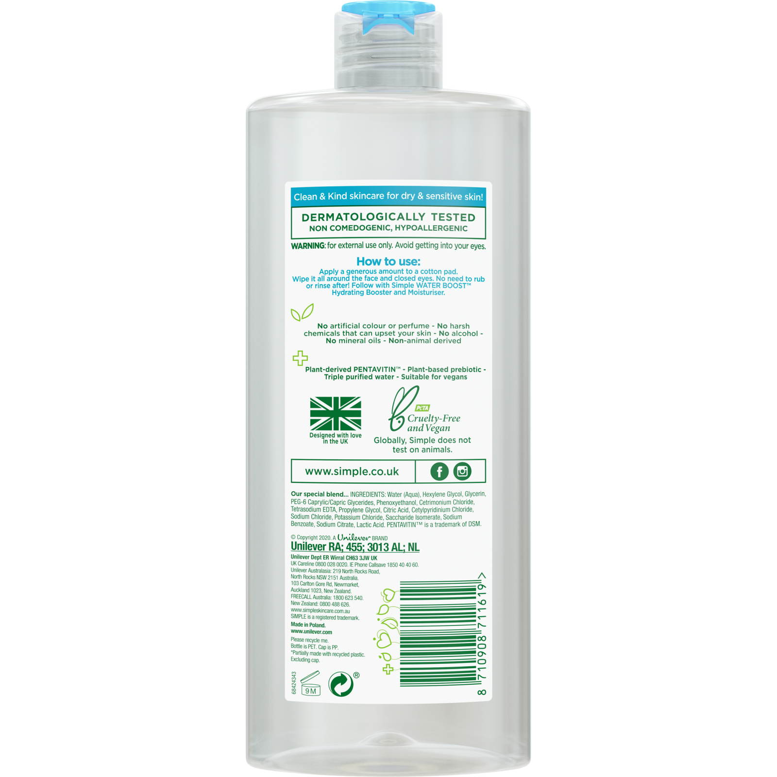 Міцелярна вода Simple Micellar Cleansing Water Pentavitin & Prebiotic 400 мл (8710908711619) зображення 2