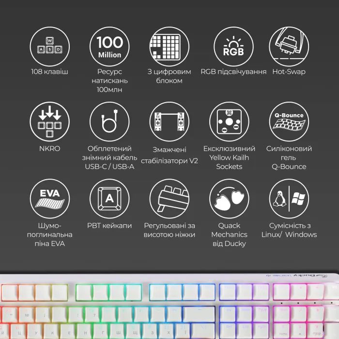 Клавиатура Ducky One 3 Cherry MX Red RGB UA USB White (DKON2108ST-RUAPXPWWWSC1) изображение 4