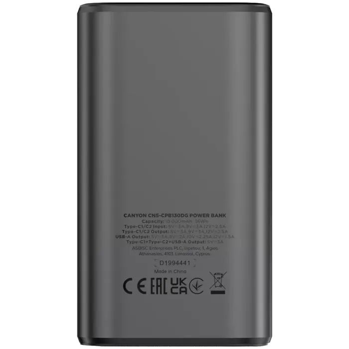 Батарея универсальная Canyon 10000mAh OnPower 130 TFT PD/30W Dark Grey (CNS-CPB130DG) изображение 3