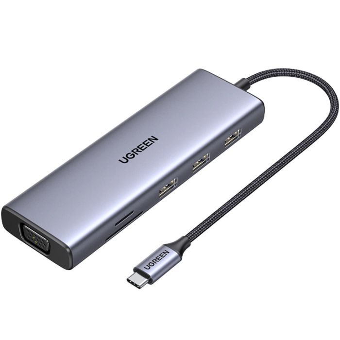 Концентратор Ugreen USB3.1 Type-C to HDMI/VGA/USB 3.0х3/RJ45/SD/TF/PD/35мм TRRS 100W 10-in-1 (15601)