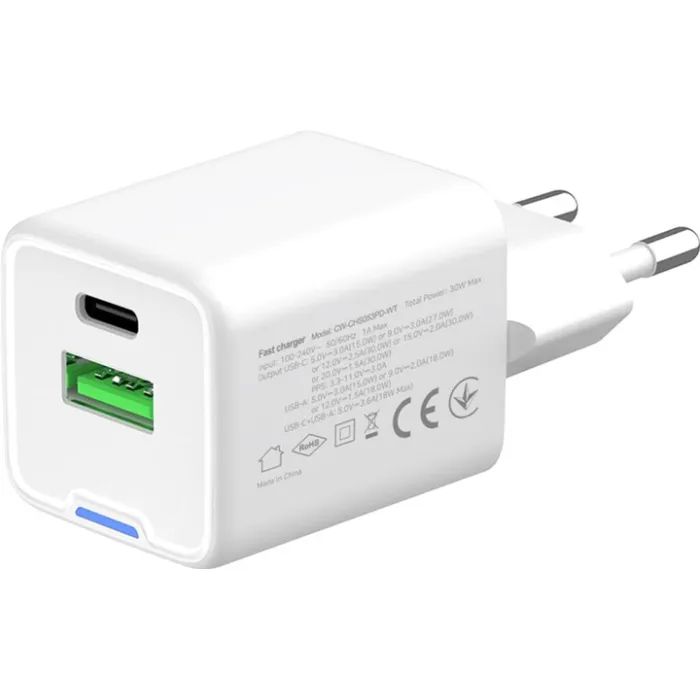 Зарядное устройство ColorWay GaN Mini 30W PD Port PPS USB (Type-C PD + USB QC4.0) white (CW-CHS053PD-WT) изображение 4