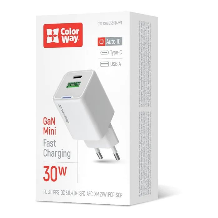 Зарядное устройство ColorWay GaN Mini 30W PD Port PPS USB (Type-C PD + USB QC4.0) white (CW-CHS053PD-WT) изображение 6