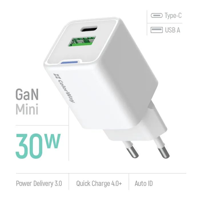 Зарядное устройство ColorWay GaN Mini 30W PD Port PPS USB (Type-C PD + USB QC4.0) white (CW-CHS053PD-WT) изображение 7