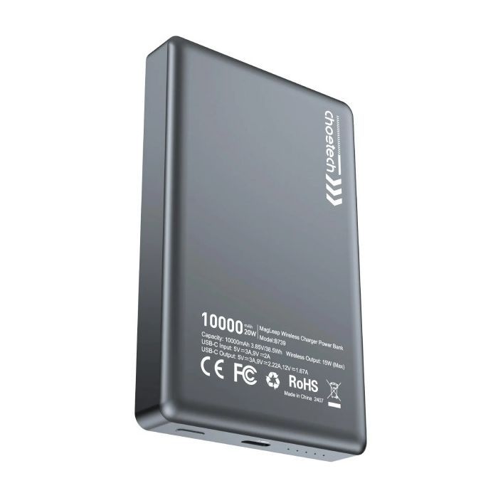 Батарея універсальна Choetech Magnetic Wireless 10000mAh 20W, PD, Qi-15W, USB-C In/Out, Ultra-thin, Black (B739-CCBK) зображення 2