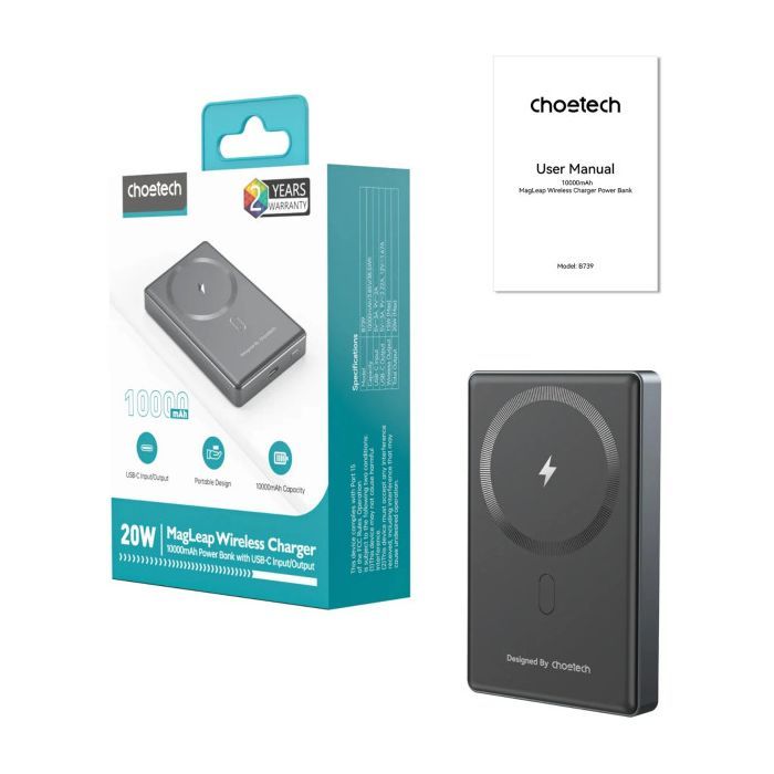 Батарея універсальна Choetech Magnetic Wireless 10000mAh 20W, PD, Qi-15W, USB-C In/Out, Ultra-thin, Black (B739-CCBK) зображення 4