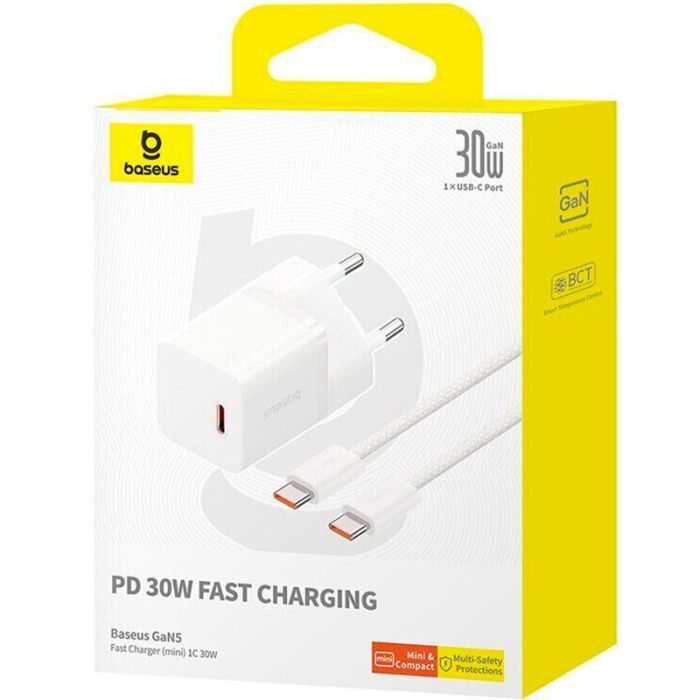 Зарядний пристрій Baseus GaN5 Fast Charger USB-C 30W + Cable 1.0m Type-C 100W white (P10110902213-00) зображення 6