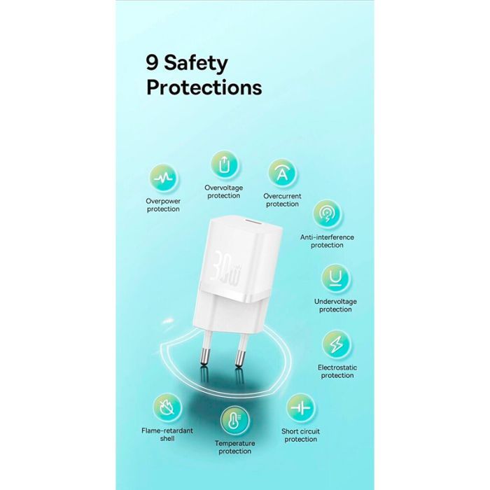 Зарядний пристрій Baseus GaN5 Fast Charger USB-C 30W + Cable 1.0m Type-C 100W white (P10110902213-00) зображення 9