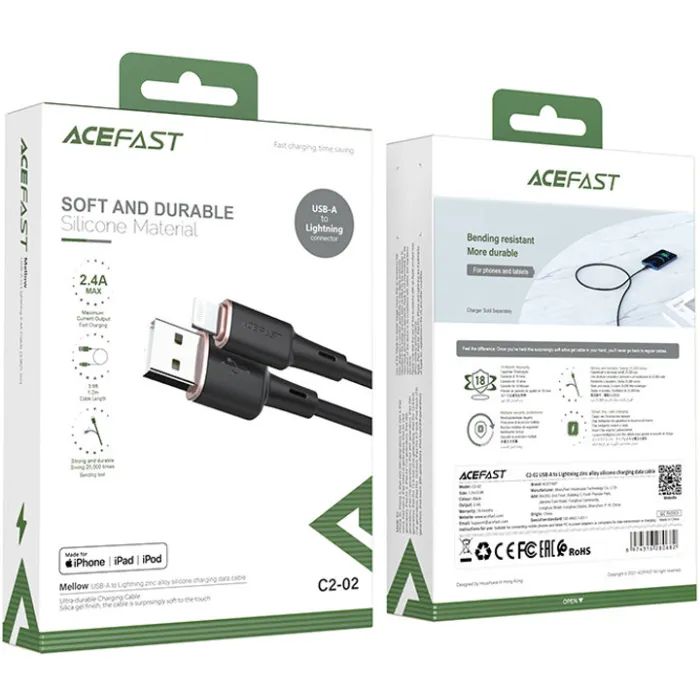 Дата кабель USB 2.0 AM to Lightning 1.2m 2.4A silicone C2-02 black Acefast (AFC2-02B) изображение 5