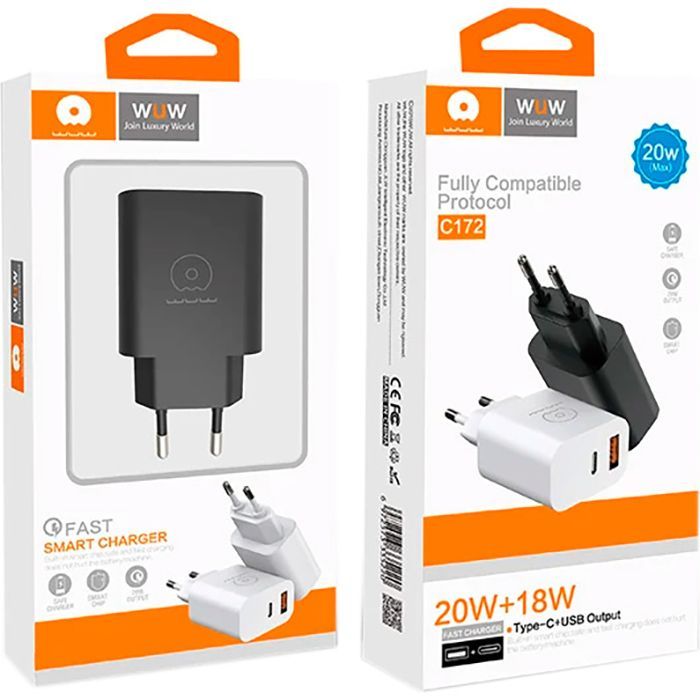 Зарядное устройство WUW C172 1xUSB-C PD20W + 1xUSB QC3.0 18W White (с172W) изображение 2
