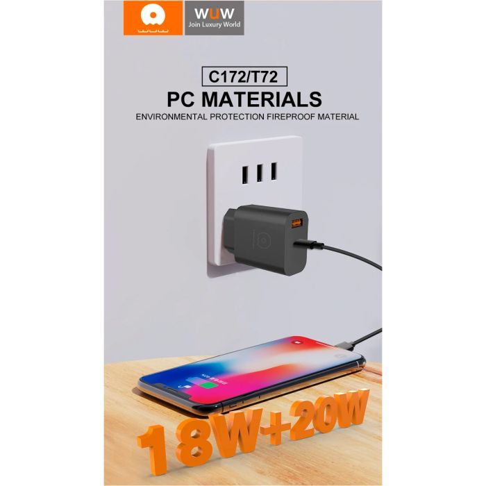 Зарядное устройство WUW C172 1xUSB-C PD20W + 1xUSB QC3.0 18W White (с172W) изображение 4