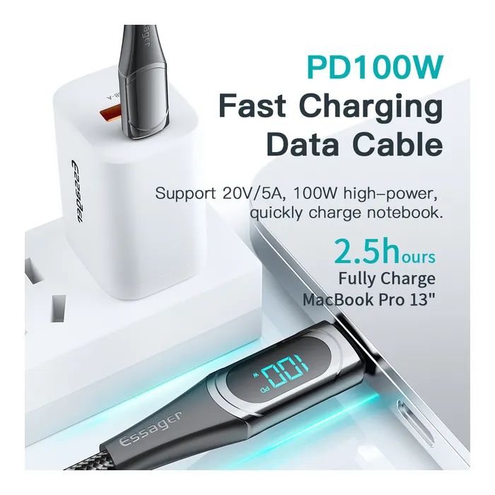 Дата кабель USB-C to USB-C 2.0m 100W Digital Display blue Essager (ES-XCTT1-YDA03) изображение 4
