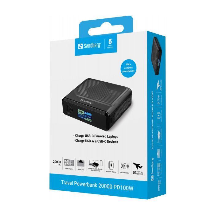 Батарея універсальна Sandberg 20000mAh Travel PD/100W, QC/3.0, QI 15W, Power-Through (421-25) зображення 5