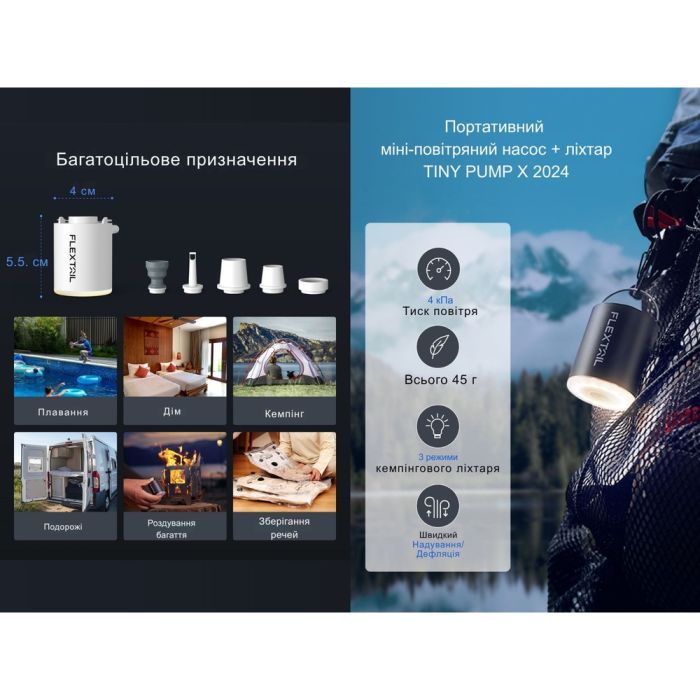 Насос для надувной мебели Flextail Tiny Pump Х з функцією ліхтаря, чорний (6975755964355) изображение 9