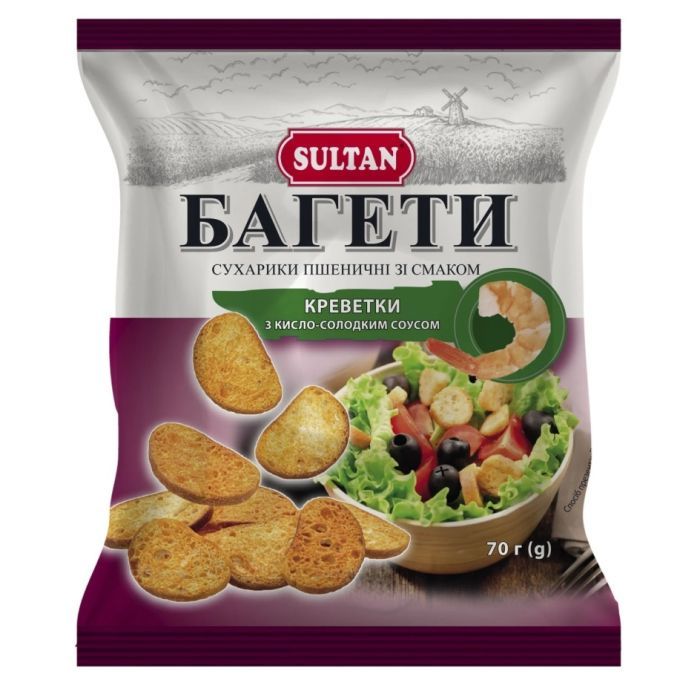 Сухарики Sultan пшеничные со вкусом креветки с кисло-сладким соусом 70 г (slt.51219)