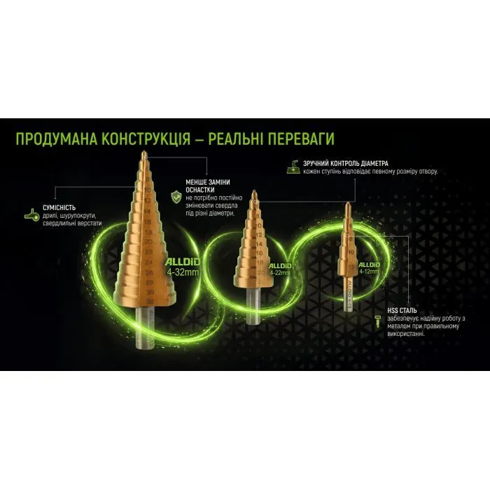 Сверло Alloid ступенчатое, по металлу, HSS, 4–12мм (SD-0412) изображение 6