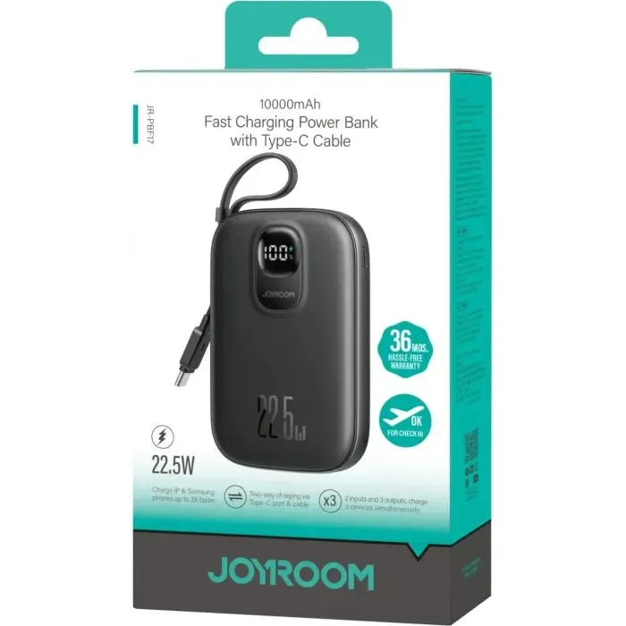 Батарея універсальна JOYROOM 10000mAh, 22.5W, PD, QC, built-in USB-C cable, Black (JR-PBF17) зображення 2