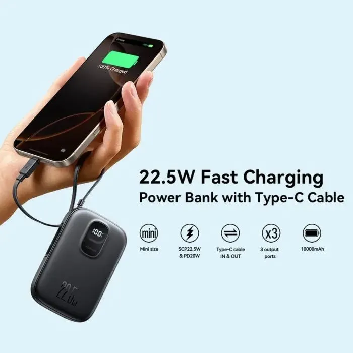 Батарея універсальна JOYROOM 10000mAh, 22.5W, PD, QC, built-in USB-C cable, Black (JR-PBF17) зображення 5
