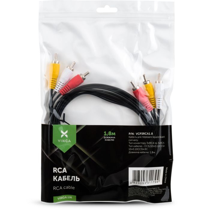 Кабель мультимедійний 3RCA to 3RCA 1.8m Vinga (VCP3RCA1.8) зображення 4