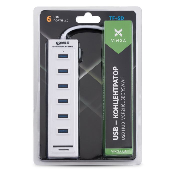 Концентратор Vinga 6xUSB2.0 + card-reader with switch 0.8m (VCP2H6USBCRSWWH) зображення 3