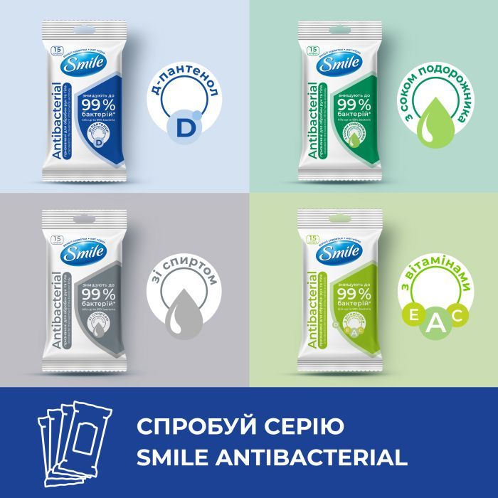 Вологі серветки Smile Antibacterial з Д-пантенолом 15 шт. (4820048481953) зображення 7
