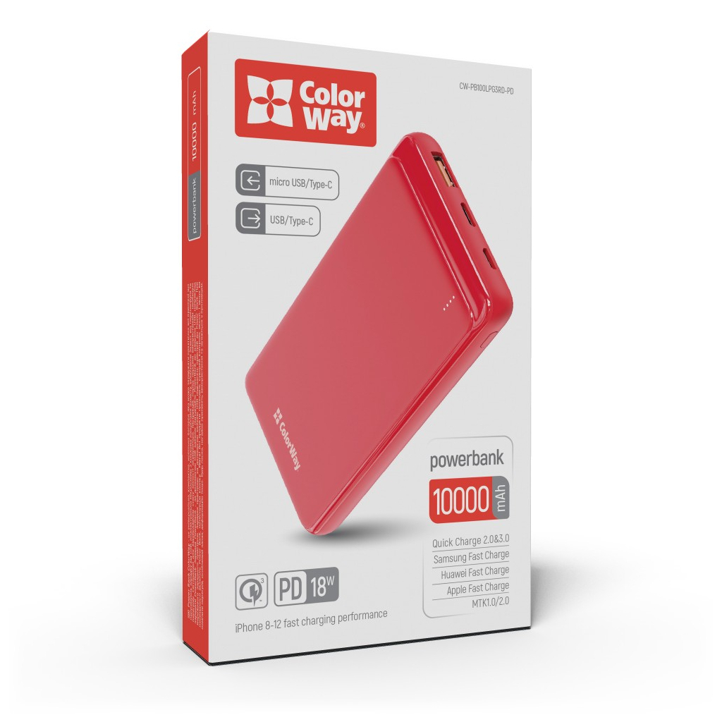 Батарея универсальная ColorWay 10 000 mAh Slim (USB QC3.0 + USB-C Power Delivery 18W) Red (CW-PB100LPG3RD-PD) изображение 10