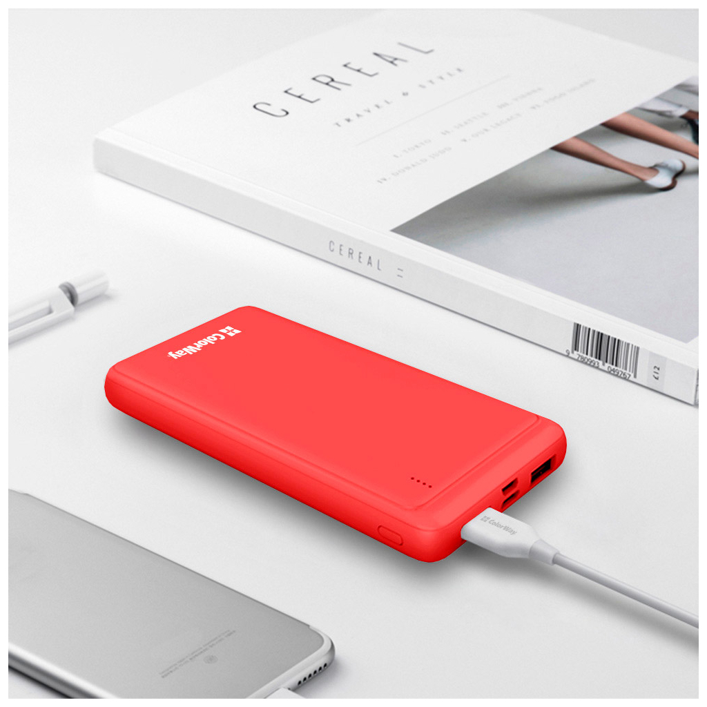 Батарея универсальная ColorWay 10 000 mAh Slim (USB QC3.0 + USB-C Power Delivery 18W) Red (CW-PB100LPG3RD-PD) изображение 9