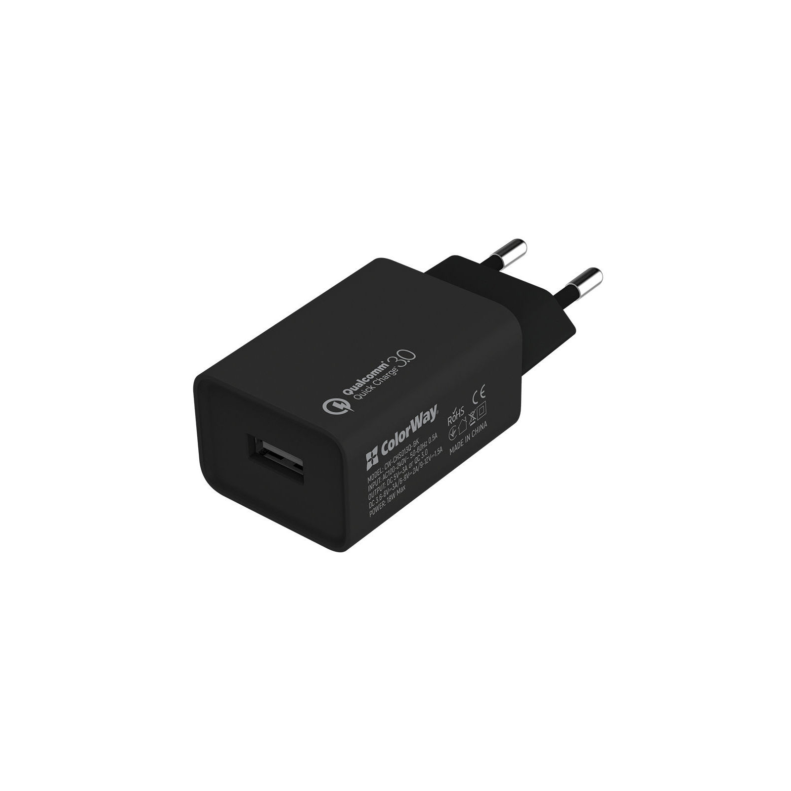 Зарядний пристрій ColorWay 1USB Quick Charge 3.0 (18W) black + cable Type C (CW-CHS013QCC-BK)